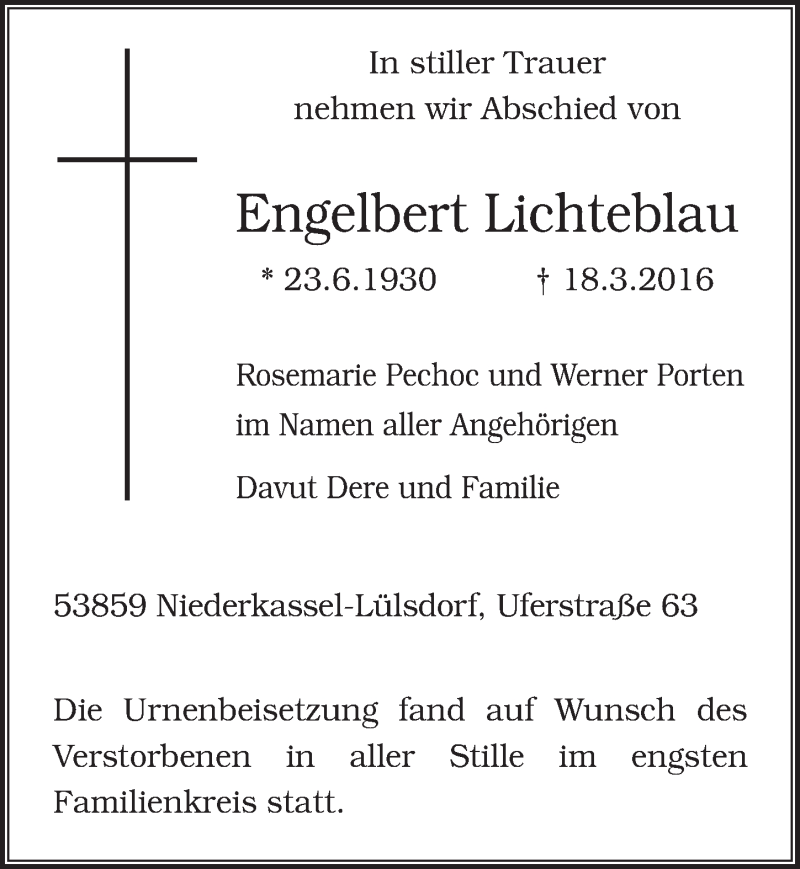  Traueranzeige für Engelbert Lichteblau vom 13.04.2016 aus  Extra Blatt 