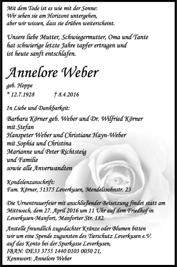 Anzeige von Annelore Weber von Kölner Stadt-Anzeiger / Kölnische Rundschau / Express