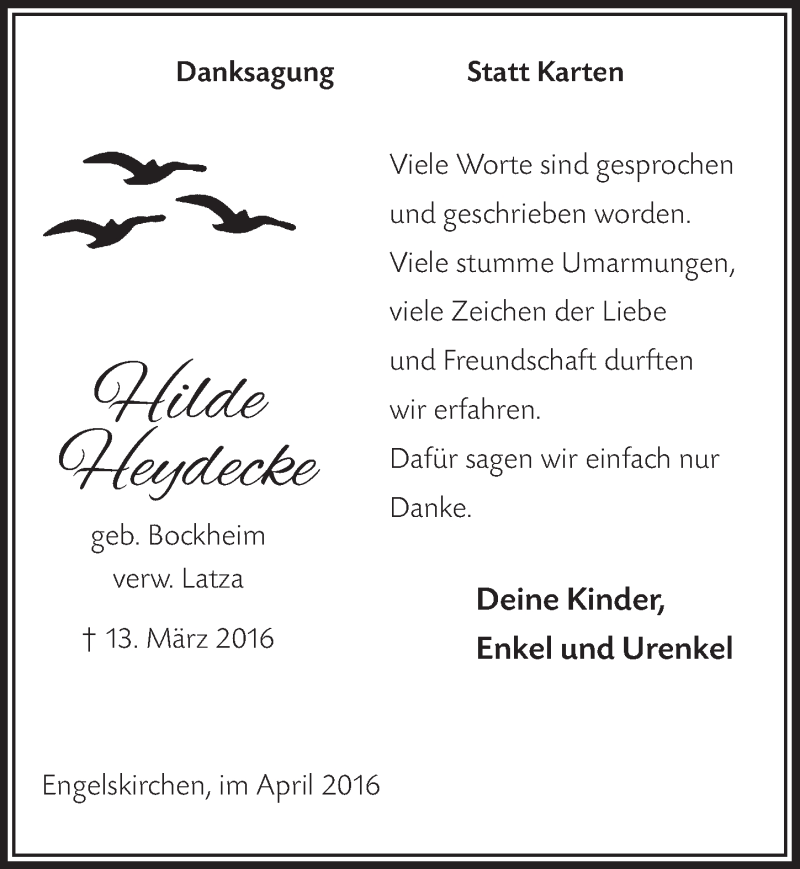  Traueranzeige für Hilde Heydecke vom 27.04.2016 aus  Anzeigen Echo 
