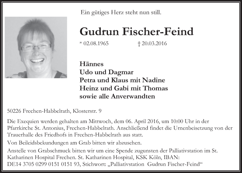  Traueranzeige für Gudrun Fischer-Feind vom 02.04.2016 aus  Sonntags-Post 