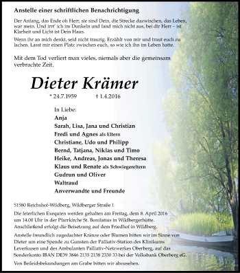 Anzeige von Dieter Krämer von Kölner Stadt-Anzeiger / Kölnische Rundschau / Express