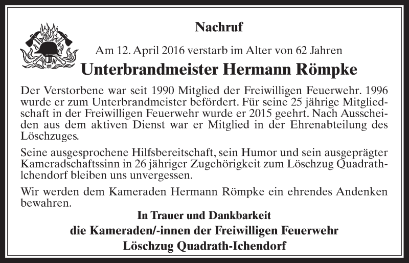  Traueranzeige für Hermann Römpke vom 20.04.2016 aus  Werbepost 