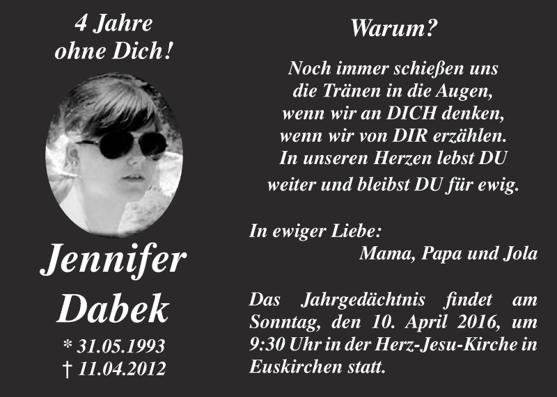  Traueranzeige für Jennifer Dabek vom 09.04.2016 aus  Blickpunkt Euskirchen 
