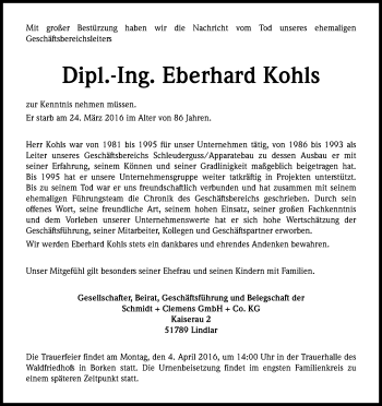 Anzeige von Eberhard Kohls von Kölner Stadt-Anzeiger / Kölnische Rundschau / Express