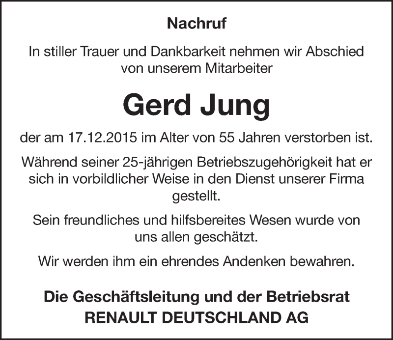  Traueranzeige für Gerd Jung vom 27.04.2016 aus  Schlossbote/Werbekurier 