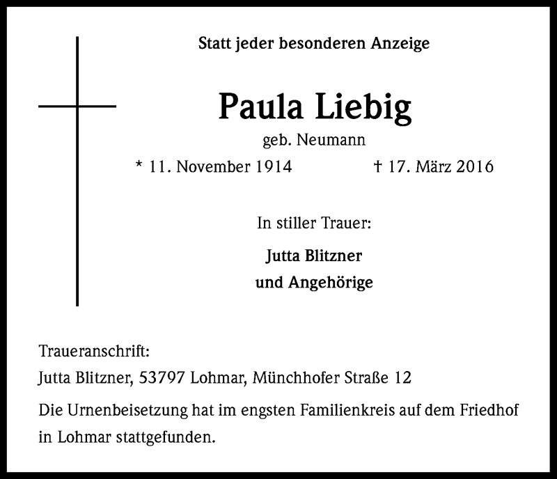  Traueranzeige für Paula Liebig vom 06.04.2016 aus Kölner Stadt-Anzeiger / Kölnische Rundschau / Express