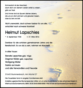 Anzeige von Helmut Lapschies von Kölner Stadt-Anzeiger / Kölnische Rundschau / Express