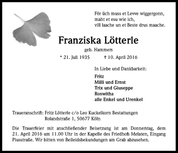 Anzeige von Franziska Lötterle von Kölner Stadt-Anzeiger / Kölnische Rundschau / Express