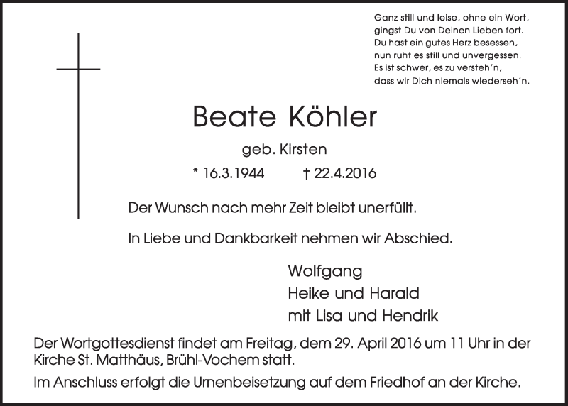  Traueranzeige für Beate Köhler vom 27.04.2016 aus  Schlossbote/Werbekurier 