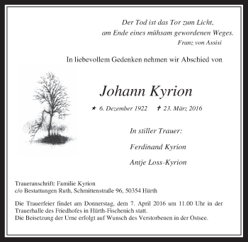 Anzeige von Johann Kyrion von  Wochenende 
