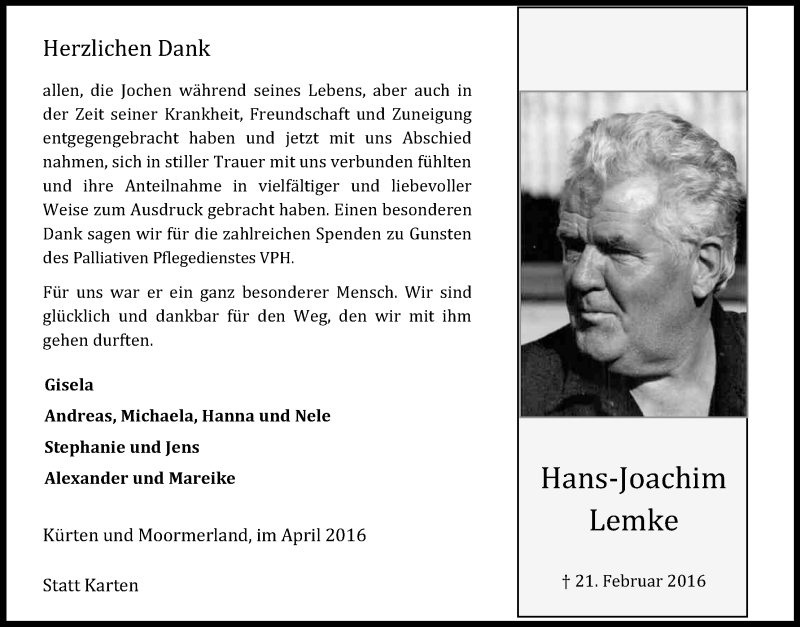  Traueranzeige für Hans-Joachim Lemke vom 16.04.2016 aus Kölner Stadt-Anzeiger / Kölnische Rundschau / Express