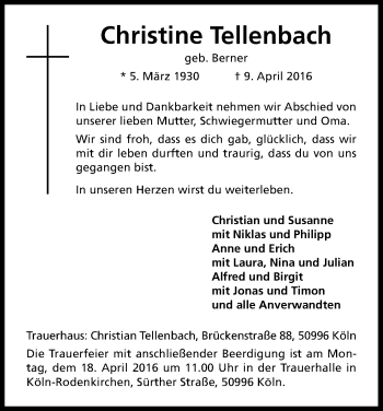 Anzeige von Christine Tellenbach von Kölner Stadt-Anzeiger / Kölnische Rundschau / Express