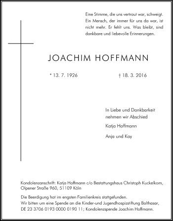 Anzeige von Joachim Hoffmann von Kölner Stadt-Anzeiger / Kölnische Rundschau / Express