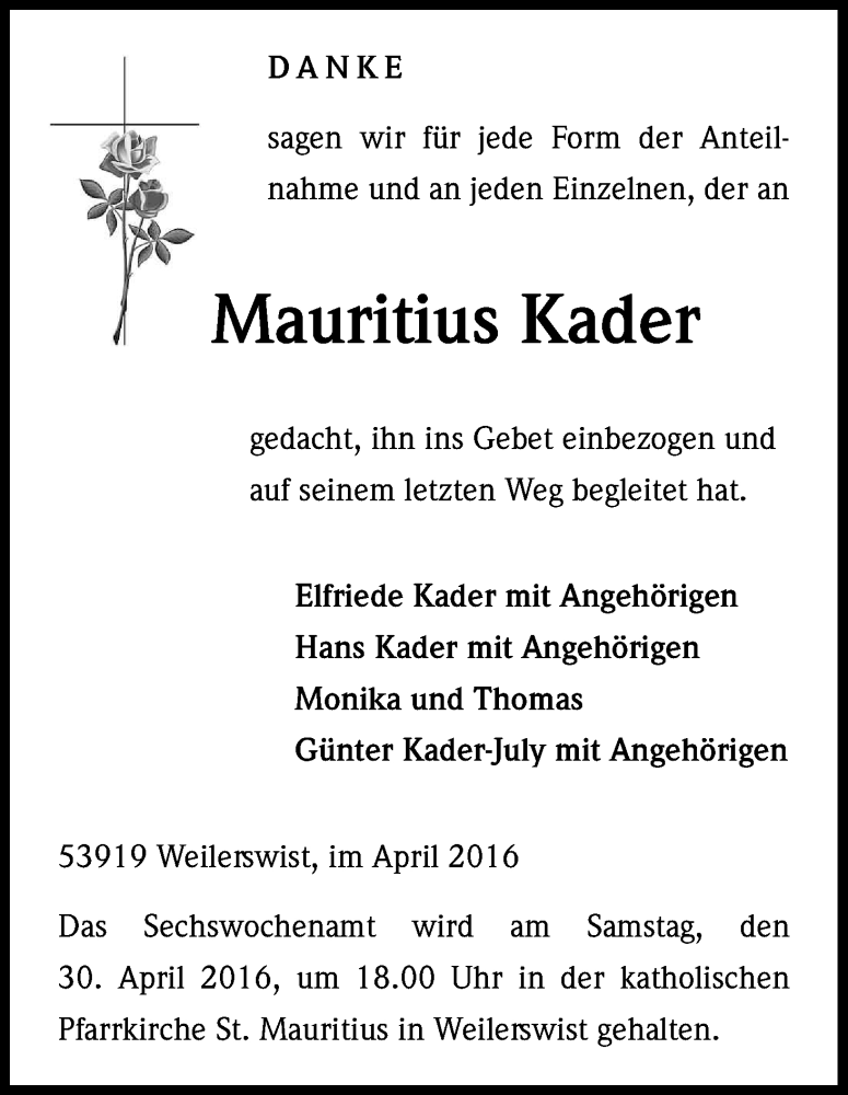  Traueranzeige für Mauritius Kader vom 16.04.2016 aus Kölner Stadt-Anzeiger / Kölnische Rundschau / Express