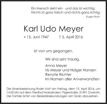 Anzeige von Karl Udo Meyer von Kölner Stadt-Anzeiger / Kölnische Rundschau / Express