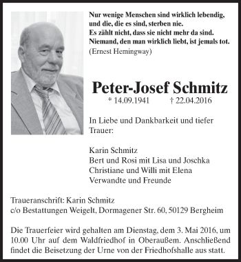 Anzeige von Peter-Josef Schmitz von  Sonntags-Post 