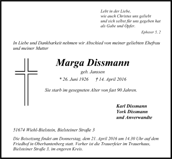 Anzeige von Marga Dissmann von Kölner Stadt-Anzeiger / Kölnische Rundschau / Express
