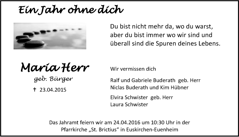  Traueranzeige für Maria Herr vom 16.04.2016 aus  Blickpunkt Euskirchen 