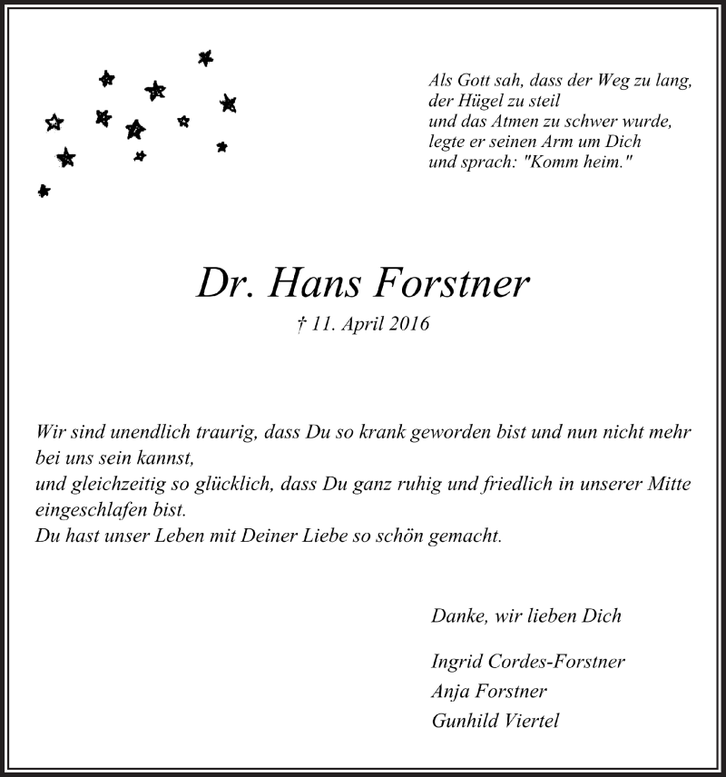  Traueranzeige für Hans Forstner vom 27.04.2016 aus  Kölner Wochenspiegel 