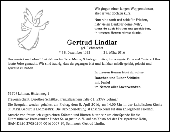 Anzeige von Gertrud Lindlar von Kölner Stadt-Anzeiger / Kölnische Rundschau / Express