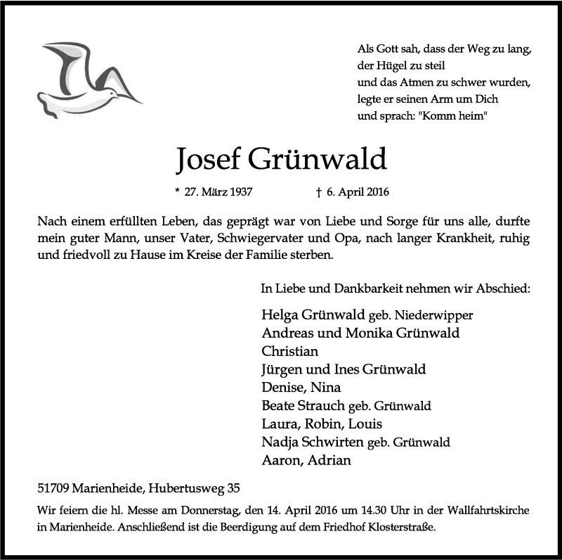  Traueranzeige für Josef Grünwald vom 12.04.2016 aus Kölner Stadt-Anzeiger / Kölnische Rundschau / Express