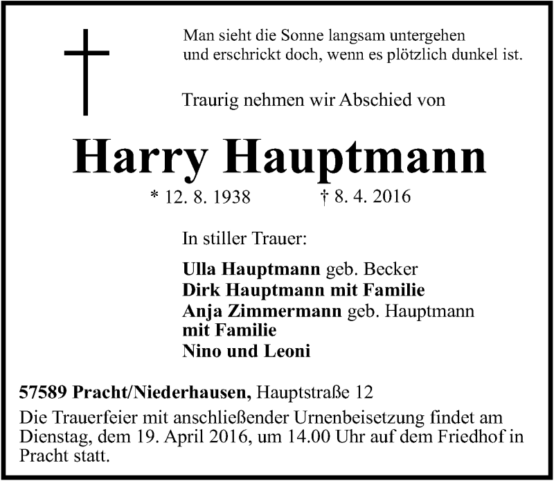  Traueranzeige für Harry Hauptmann vom 13.04.2016 aus  Lokalanzeiger 