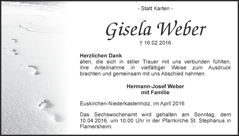  Traueranzeige für Gisela Weber vom 02.04.2016 aus  Blickpunkt Euskirchen 