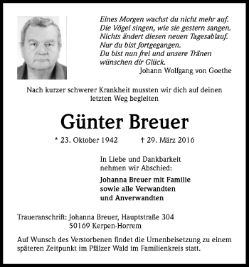 Anzeige von Günter Breuer von Kölner Stadt-Anzeiger / Kölnische Rundschau / Express