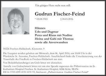 Anzeige von Gudrun Fischer-Feind von  Sonntags-Post 