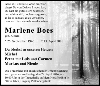 Anzeige von Marlene Boes von Kölner Stadt-Anzeiger / Kölnische Rundschau / Express