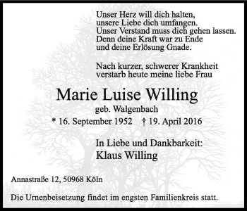 Anzeige von Marie Luise Willing von Kölner Stadt-Anzeiger / Kölnische Rundschau / Express