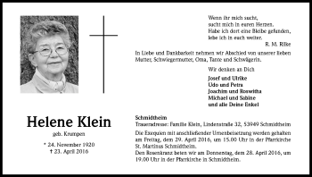Anzeige von Helene Klein von Kölner Stadt-Anzeiger / Kölnische Rundschau / Express