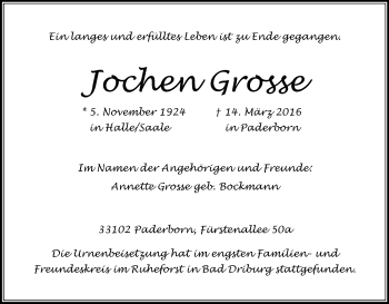 Anzeige von Jochen Grosse von Kölner Stadt-Anzeiger / Kölnische Rundschau / Express
