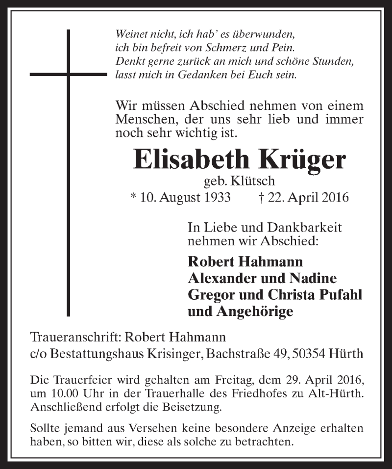  Traueranzeige für Elisabeth Krüger vom 27.04.2016 aus  Wochenende 