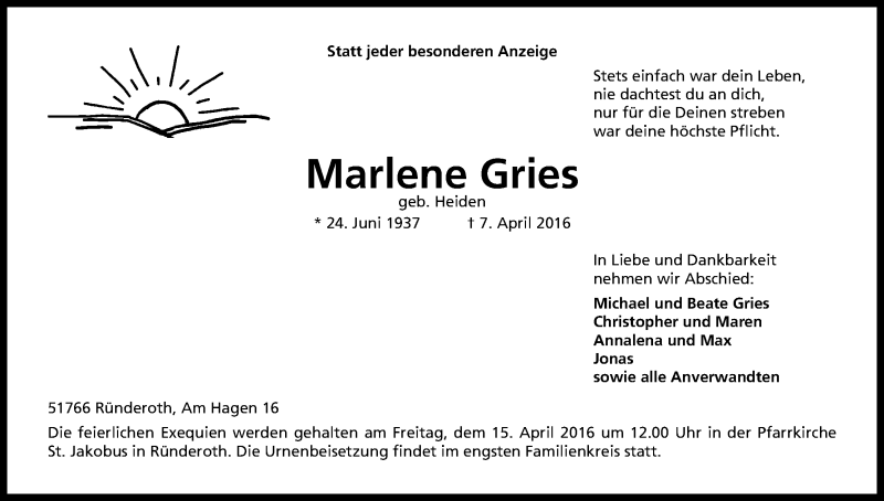  Traueranzeige für Marlene Gries vom 12.04.2016 aus Kölner Stadt-Anzeiger / Kölnische Rundschau / Express