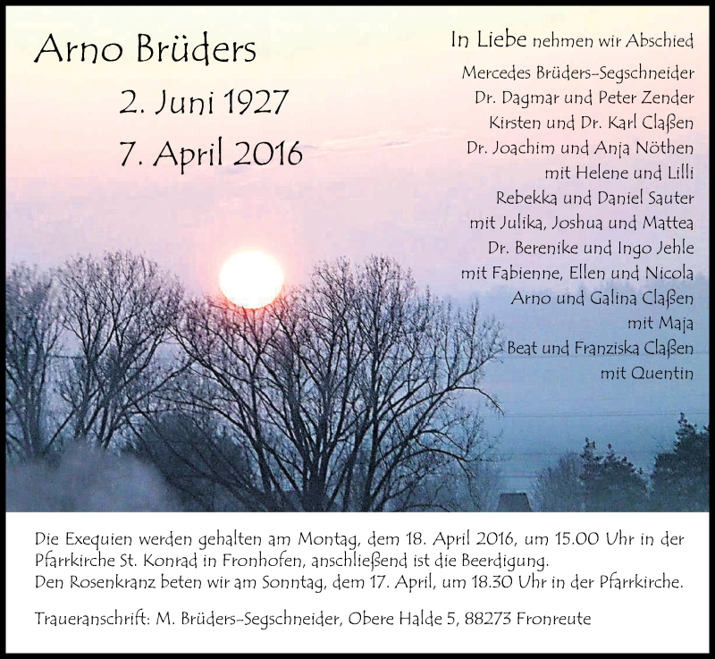  Traueranzeige für Arno Brüders vom 12.04.2016 aus Kölner Stadt-Anzeiger / Kölnische Rundschau / Express
