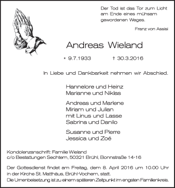 Anzeige von Andreas Wieland von  Schlossbote/Werbekurier 