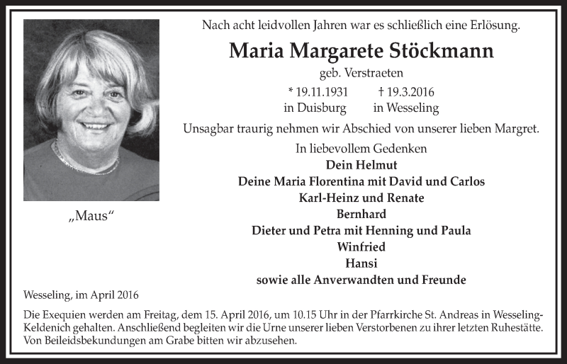  Traueranzeige für Maria Margarete Stöckmann vom 06.04.2016 aus  Schlossbote/Werbekurier 