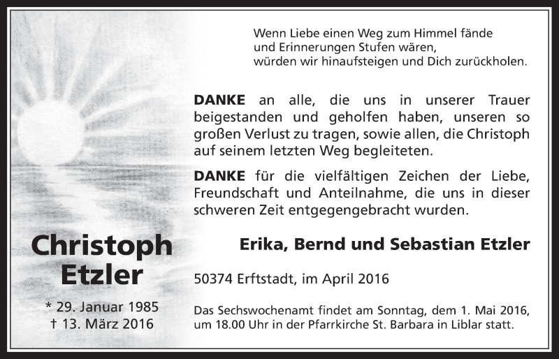 Traueranzeige für Christoph Etzler vom 27.04.2016 aus  Werbepost 