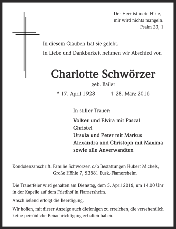 Anzeige von Charlotte Schwörzer von  Blickpunkt Euskirchen 