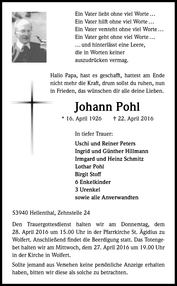  Traueranzeige für Johann Pohl vom 26.04.2016 aus Kölner Stadt-Anzeiger / Kölnische Rundschau / Express