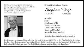 Anzeige von Stephan Vogt von Kölner Stadt-Anzeiger / Kölnische Rundschau / Express