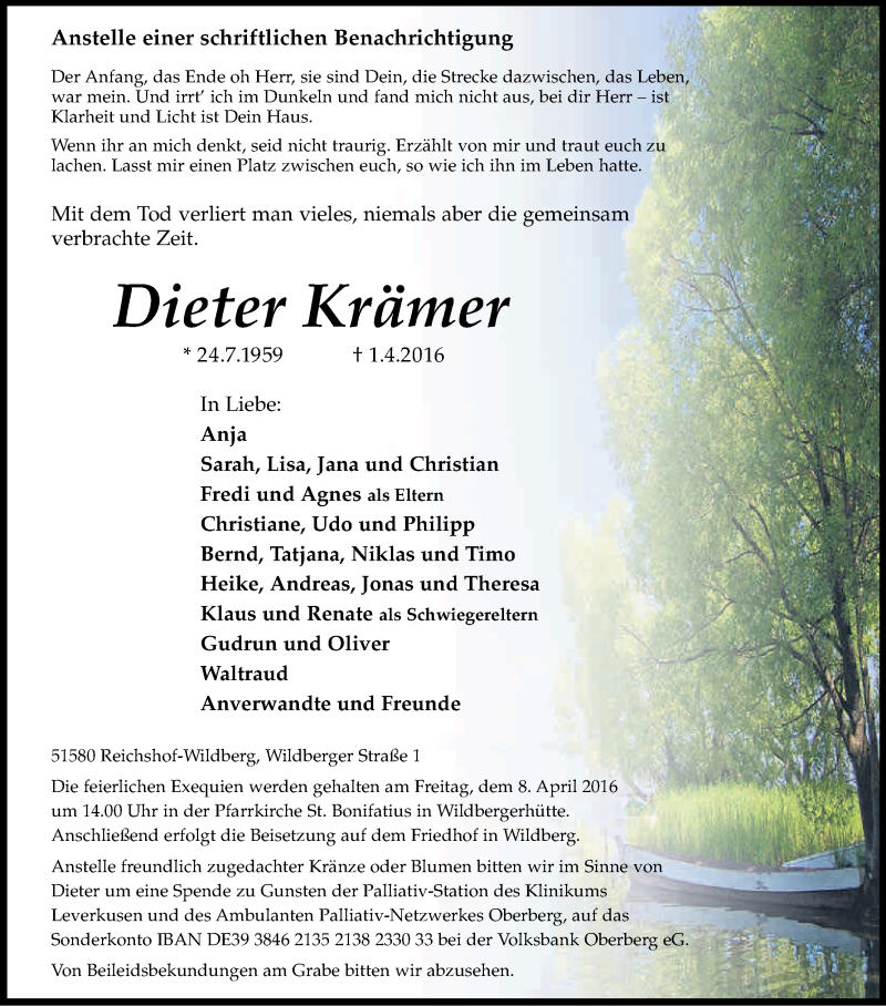  Traueranzeige für Dieter Krämer vom 06.04.2016 aus Kölner Stadt-Anzeiger / Kölnische Rundschau / Express