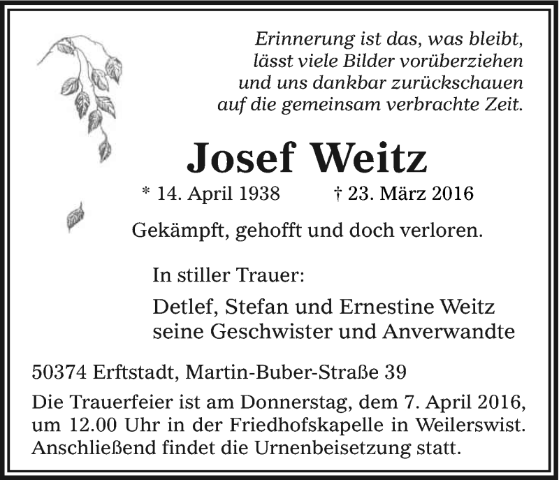  Traueranzeige für Josef Weitz vom 04.04.2016 aus Kölner Stadt-Anzeiger / Kölnische Rundschau / Express