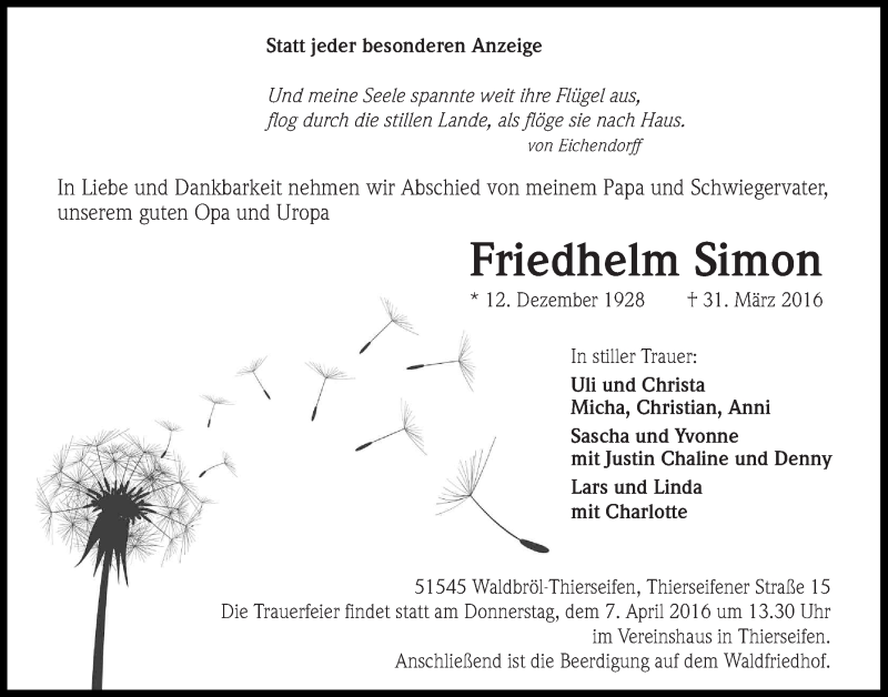  Traueranzeige für Friedhelm Simon vom 06.04.2016 aus  Lokalanzeiger 