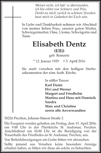 Anzeige von Elisabeth Dentz von  Sonntags-Post 