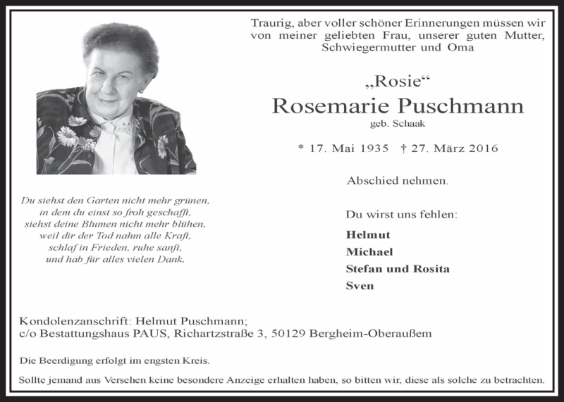  Traueranzeige für Rosemarie Puschmann vom 02.04.2016 aus  Sonntags-Post 