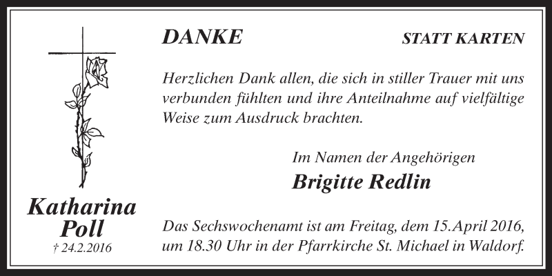  Traueranzeige für Katharina Poll vom 06.04.2016 aus  Schaufenster/Blickpunkt 