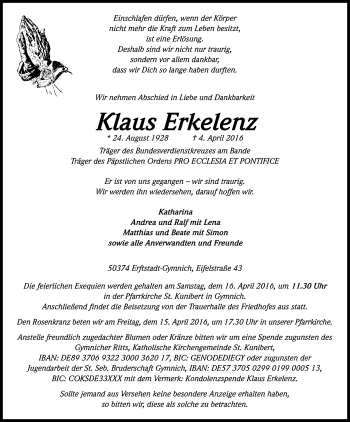 Anzeige von Klaus Erkelenz von Kölner Stadt-Anzeiger / Kölnische Rundschau / Express