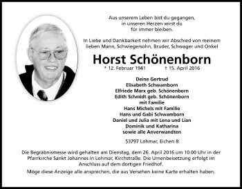 Anzeige von Horst Schönenborn von Kölner Stadt-Anzeiger / Kölnische Rundschau / Express